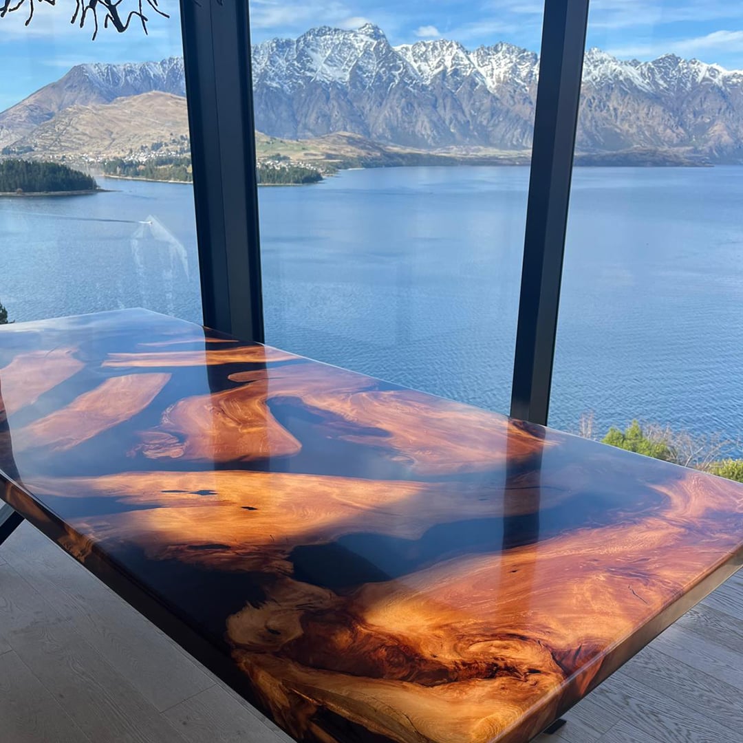 Swamp kauri and resin dining table overlooking Lake Wakatipu, Queenstown