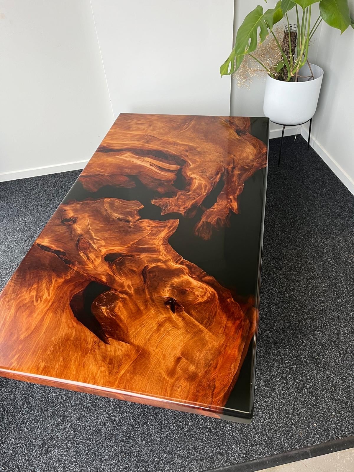 Swamp kauri coffee table with black resin beside a pot plant