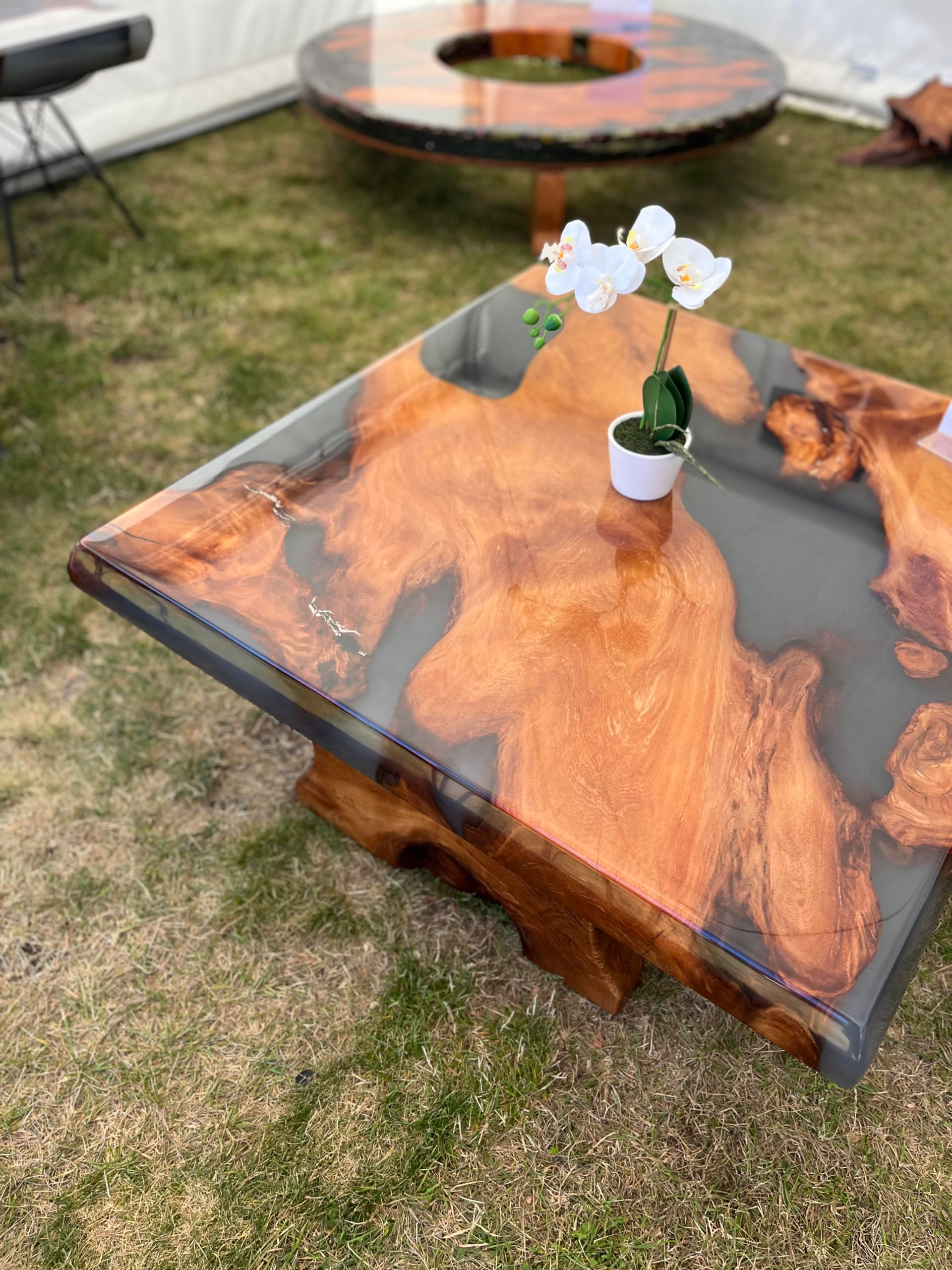 Swamp kauri and grey resin coffee table on a kauri stump base