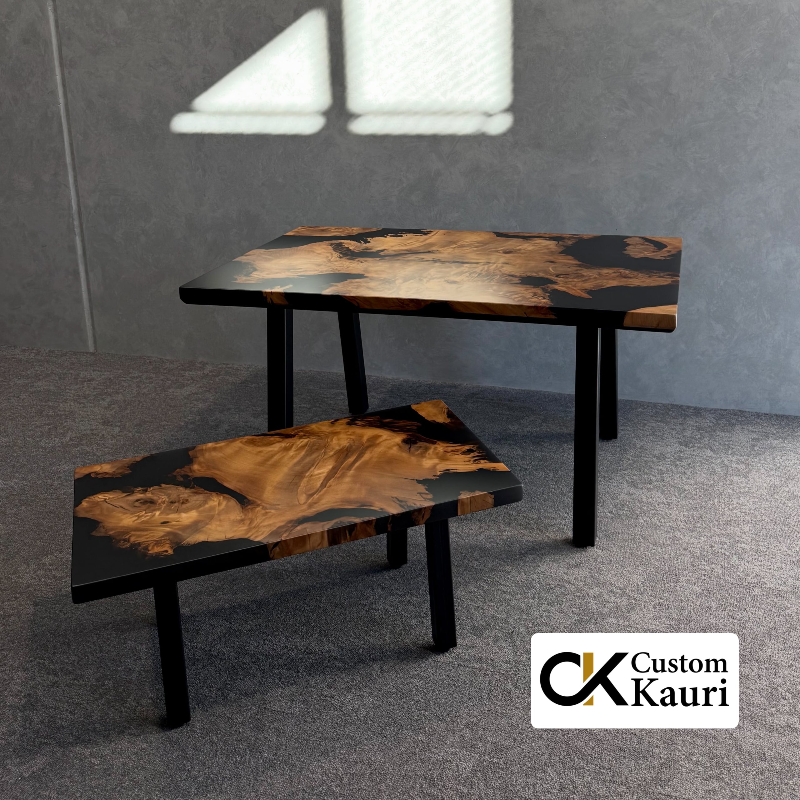 Swamp kauri and black resin dining table and bench